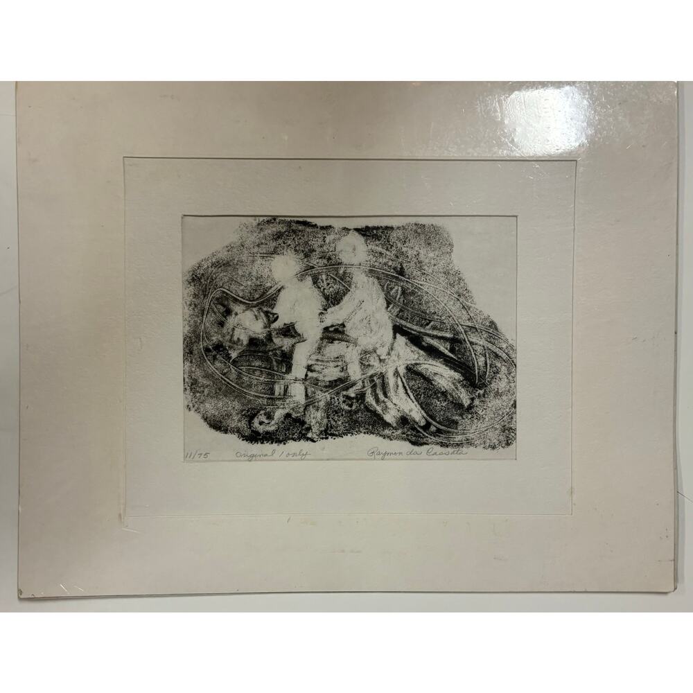 Vintage mid century linoleum block print art abstract